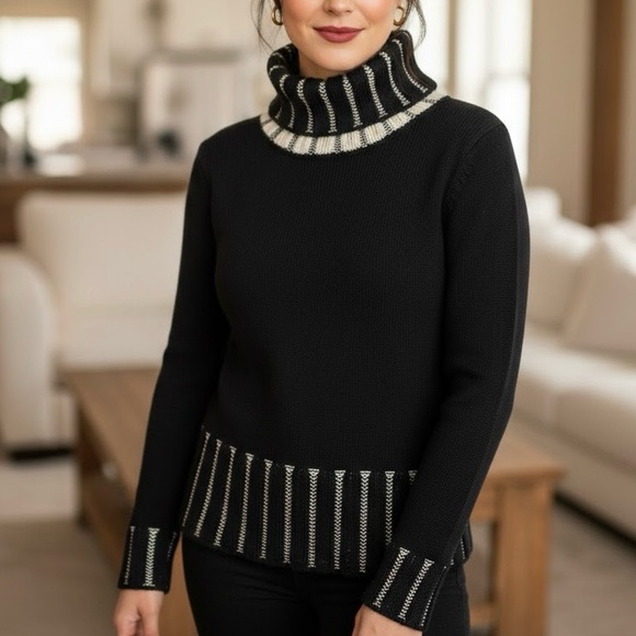 JEANNE PIERRE Sweaters - Jeanne Pierre Knit Cotton Turtleneck Sweater Black Cream Cross Trim Quite Luxury